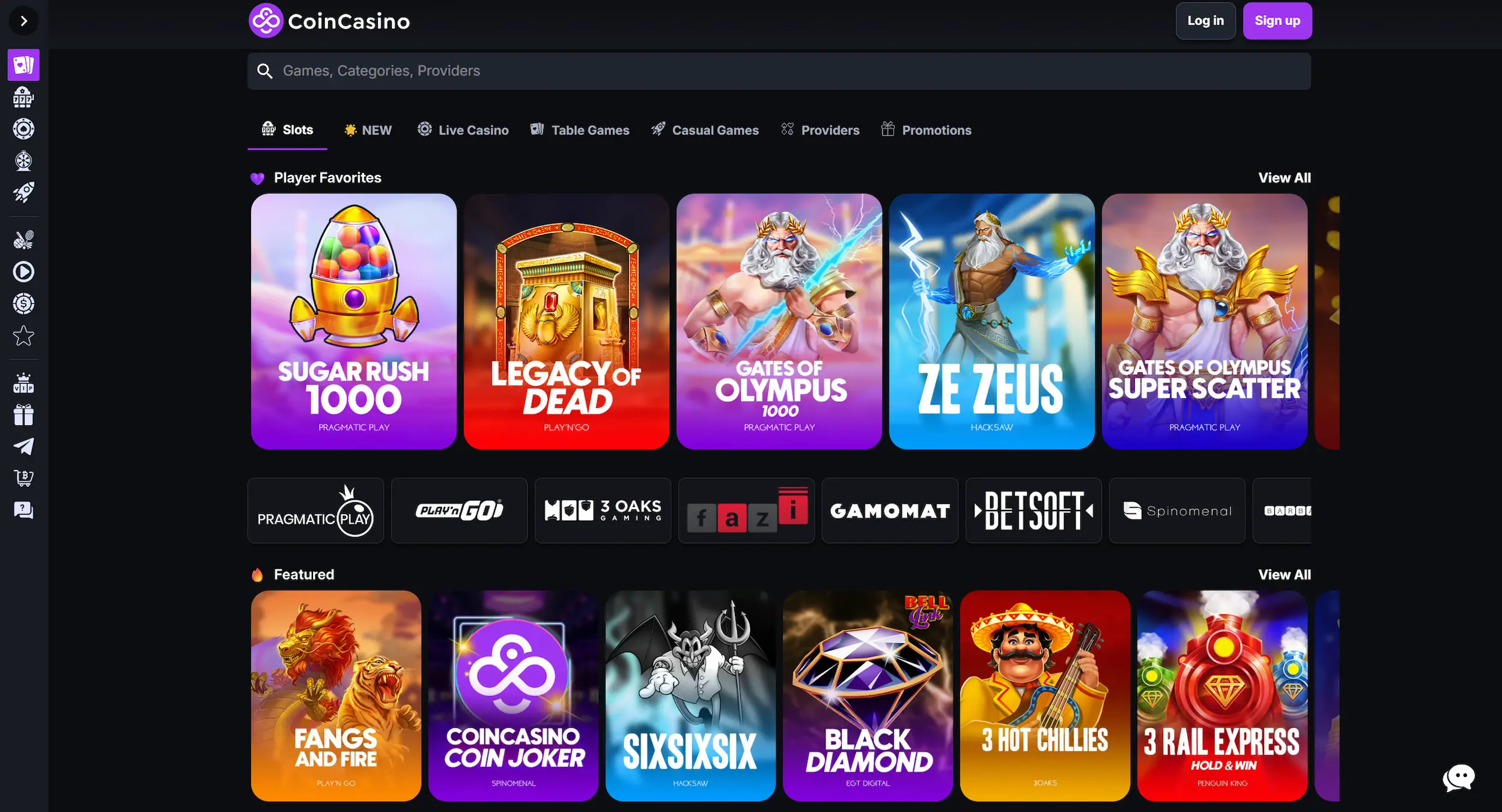 CoinCasino frontpage showing selection of online pokies, software providers and site navigation