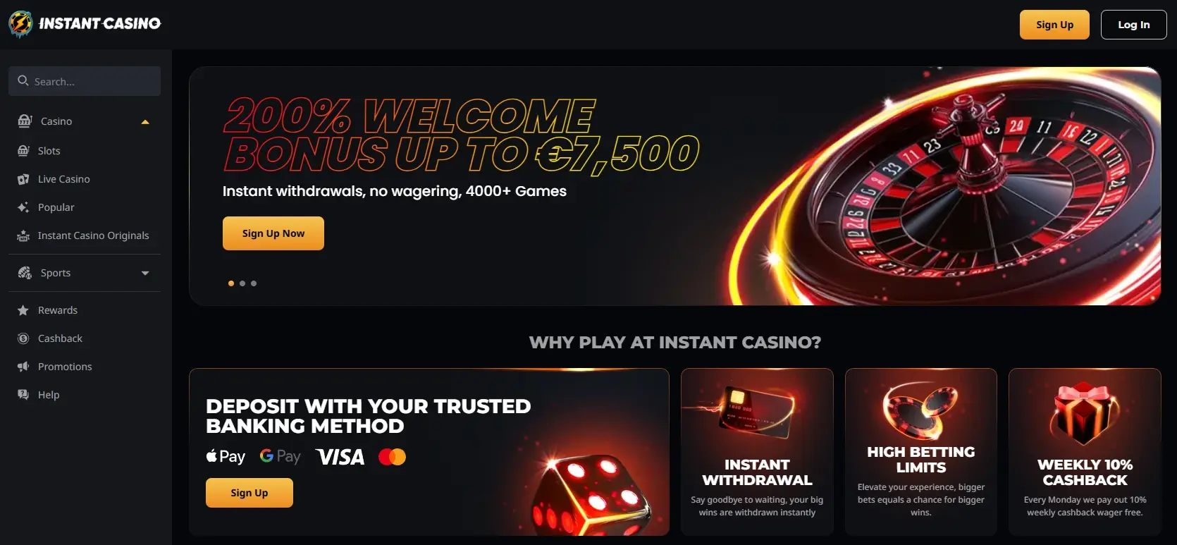Instant Casino frontpage showing welcome offer and site navigation
